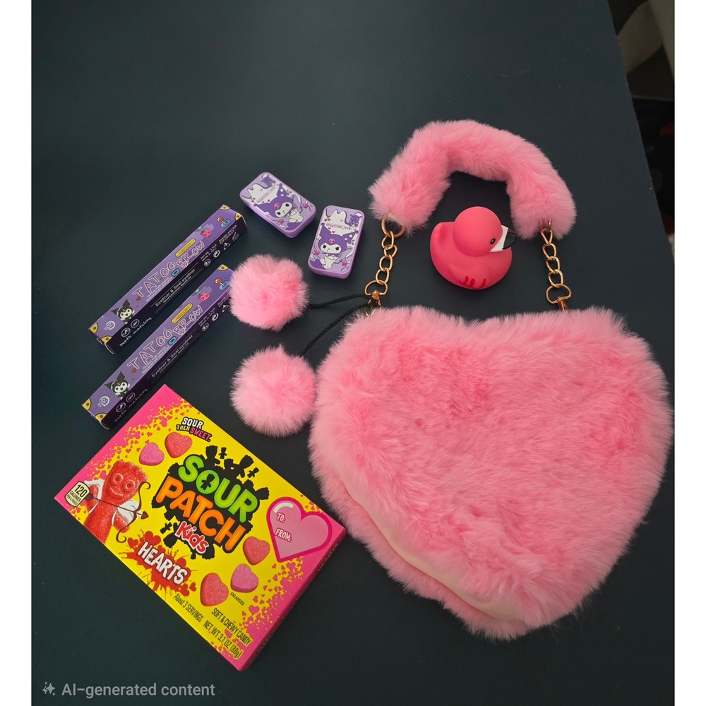 Pink Plush Heart Purse Valentines Birthday Gift~7 Pc Set Kuromi Girls Kawaii Set